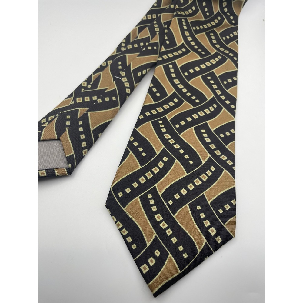 Mark Shale Mens Silk Tie Black Gold Geometric Basketweave Printed Italy Made USA